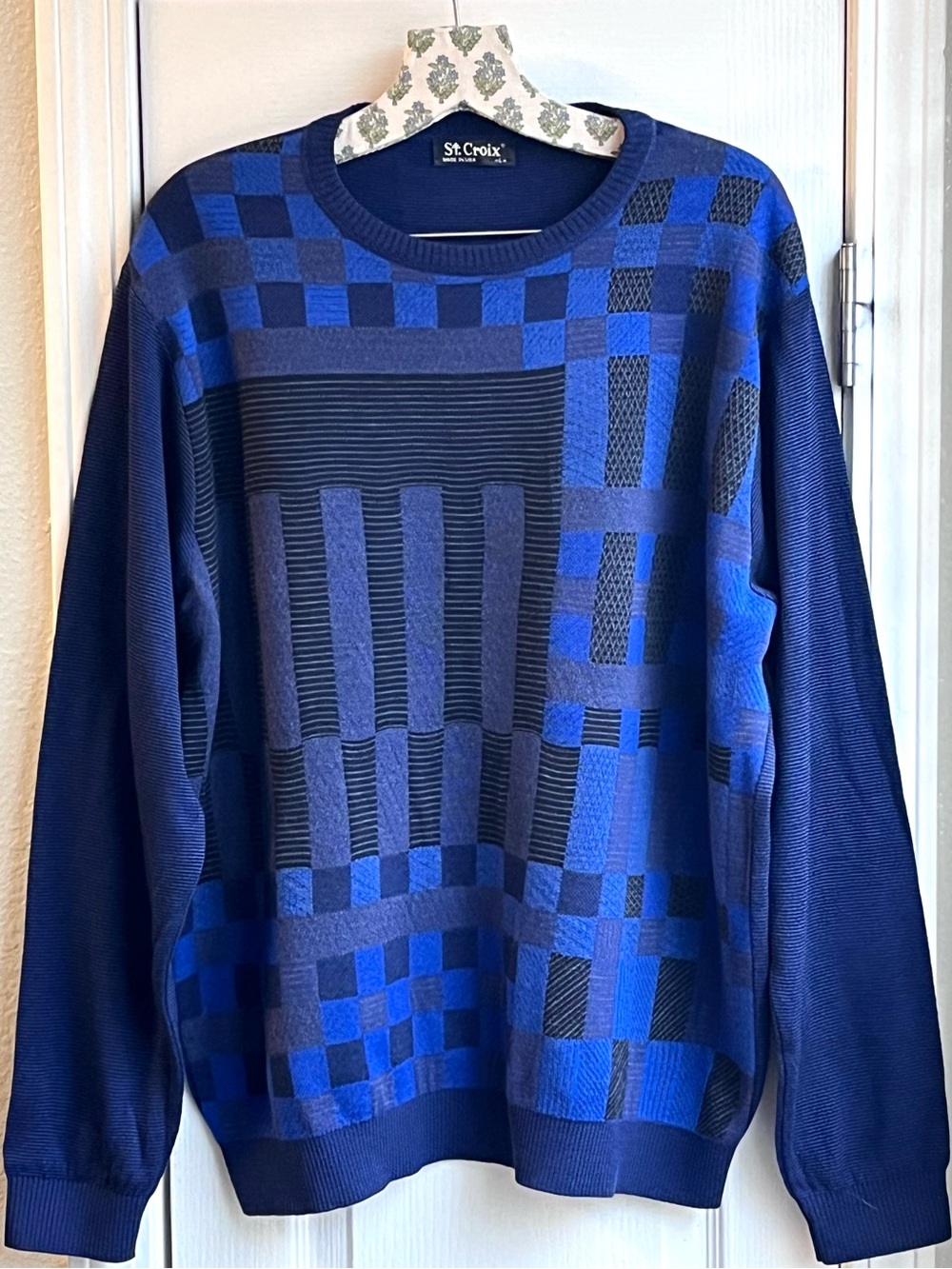 Vintage ST CROIX Geometric Crewneck Sweater 100% Wool Blue Black Men’s Size L